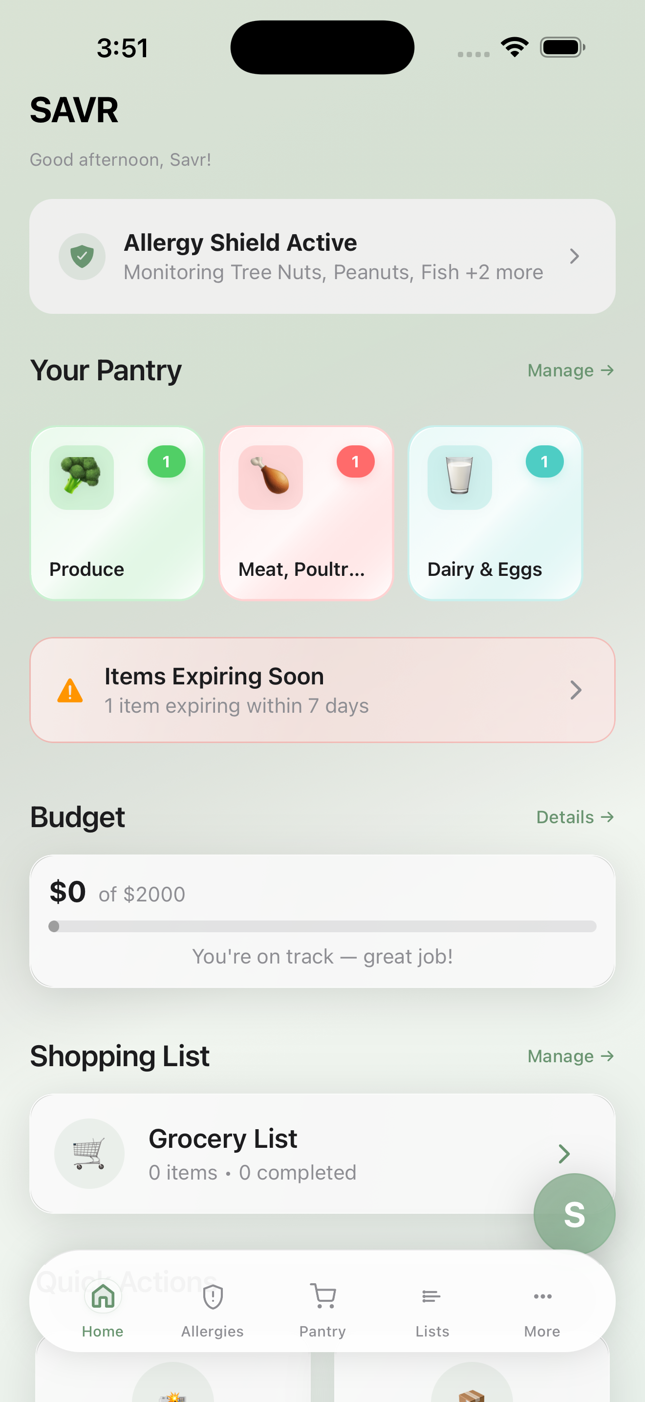 SAVR app home screen