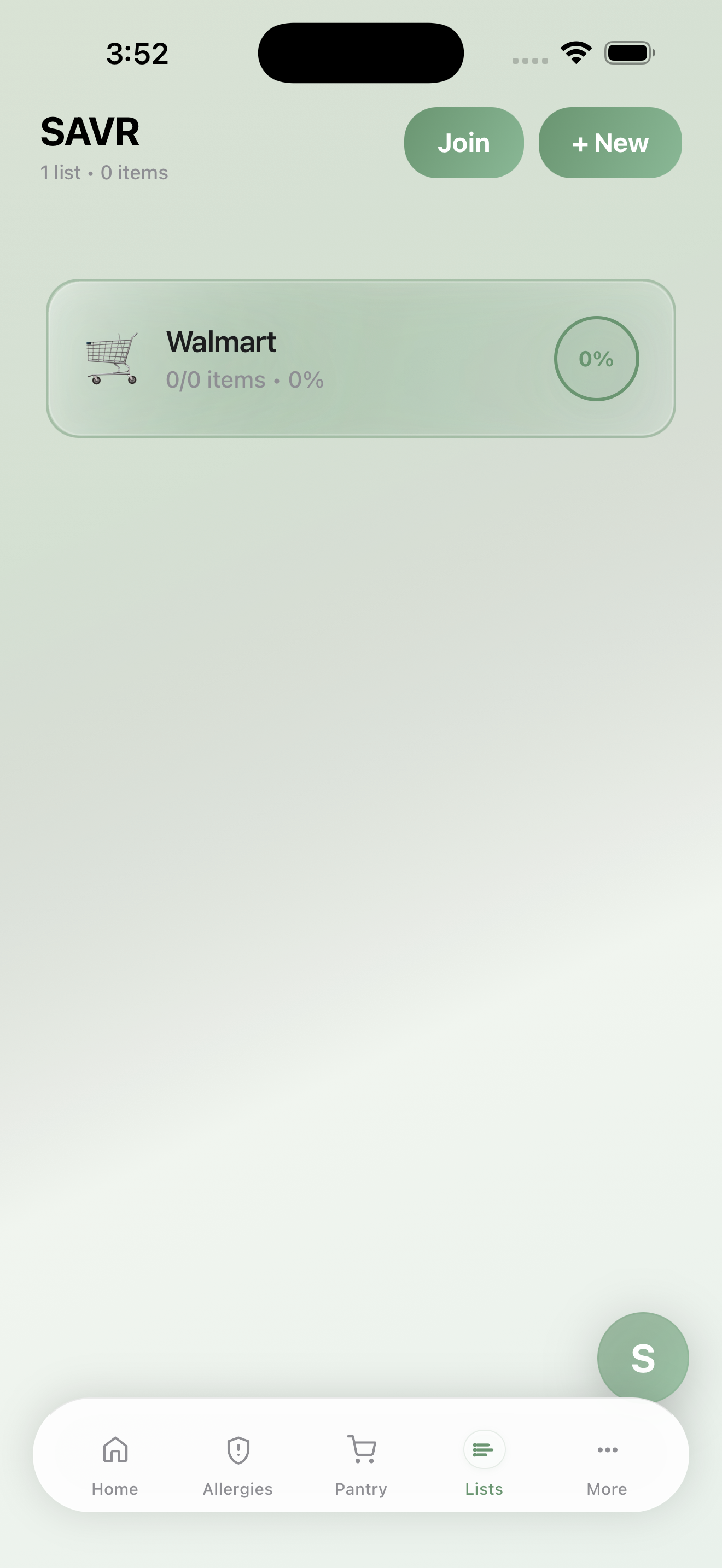 SAVR shopping lists screen